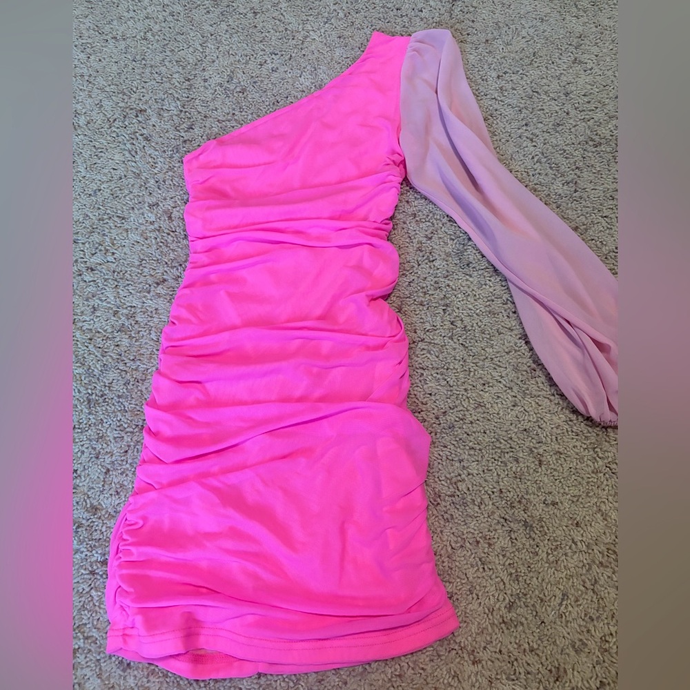 hot pink, one sleeve, bodycon mini dress